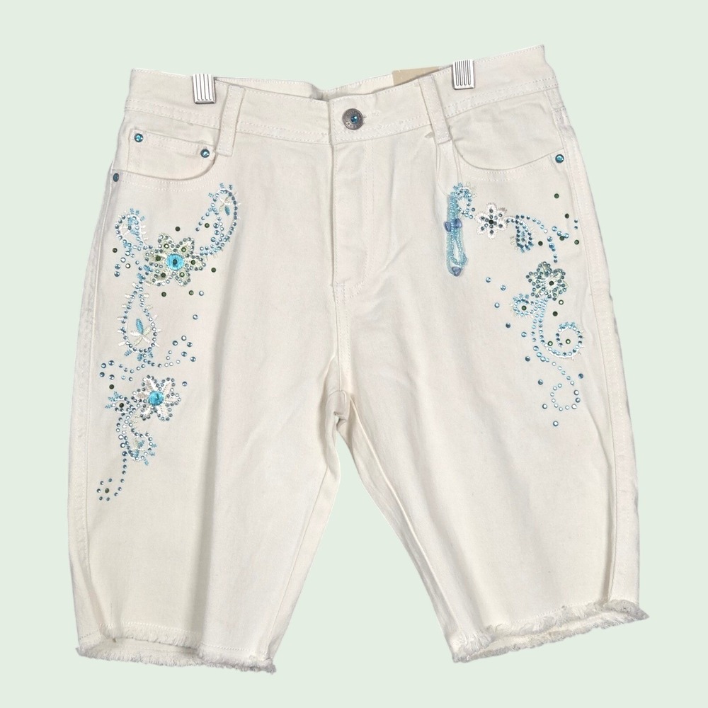 NEW Y2K Arizona Jean Co Girls 14 Bermuda Shorts White Floral Rhinestone